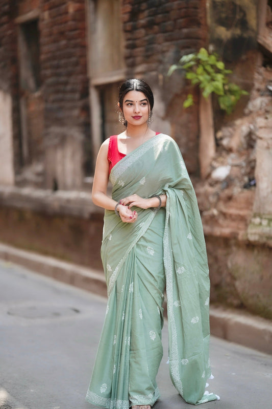 Mint Mojito - Handblock Print Natural Dyed - Green Mulmul Cotton Saree