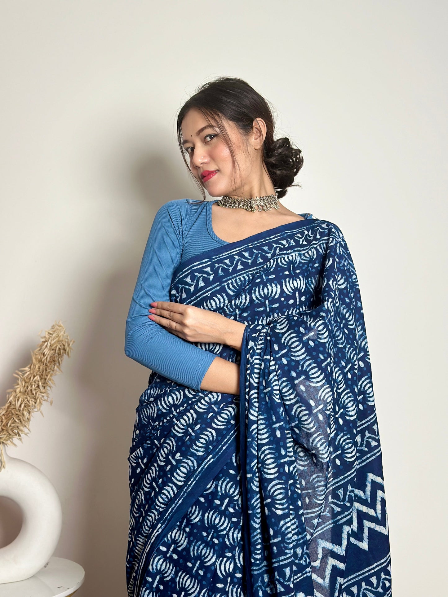 Indigo Lotus - Blue Handblock Dabu in Natural Dyes - Cotton Mulmul Saree