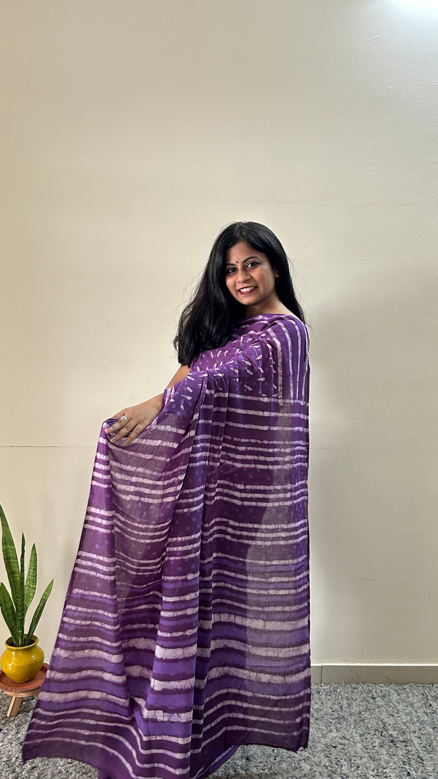 Sonchoraiya Violet - Purple Cotton Mulmul - Handblock Dabu Saree