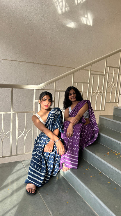 Sonchoraiya Indigo - Blue Cotton Mulmul - Handblock Dabu Saree