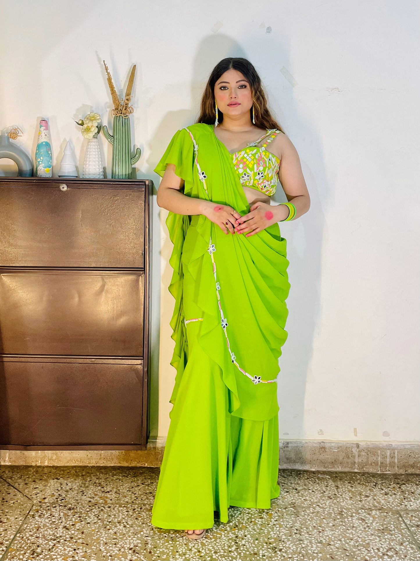 Yellow Green Georgette Mehendi Gharara Set