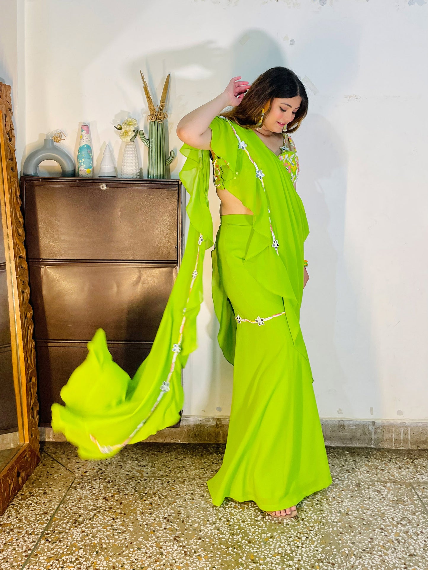 Yellow Green Georgette Mehendi Gharara Set