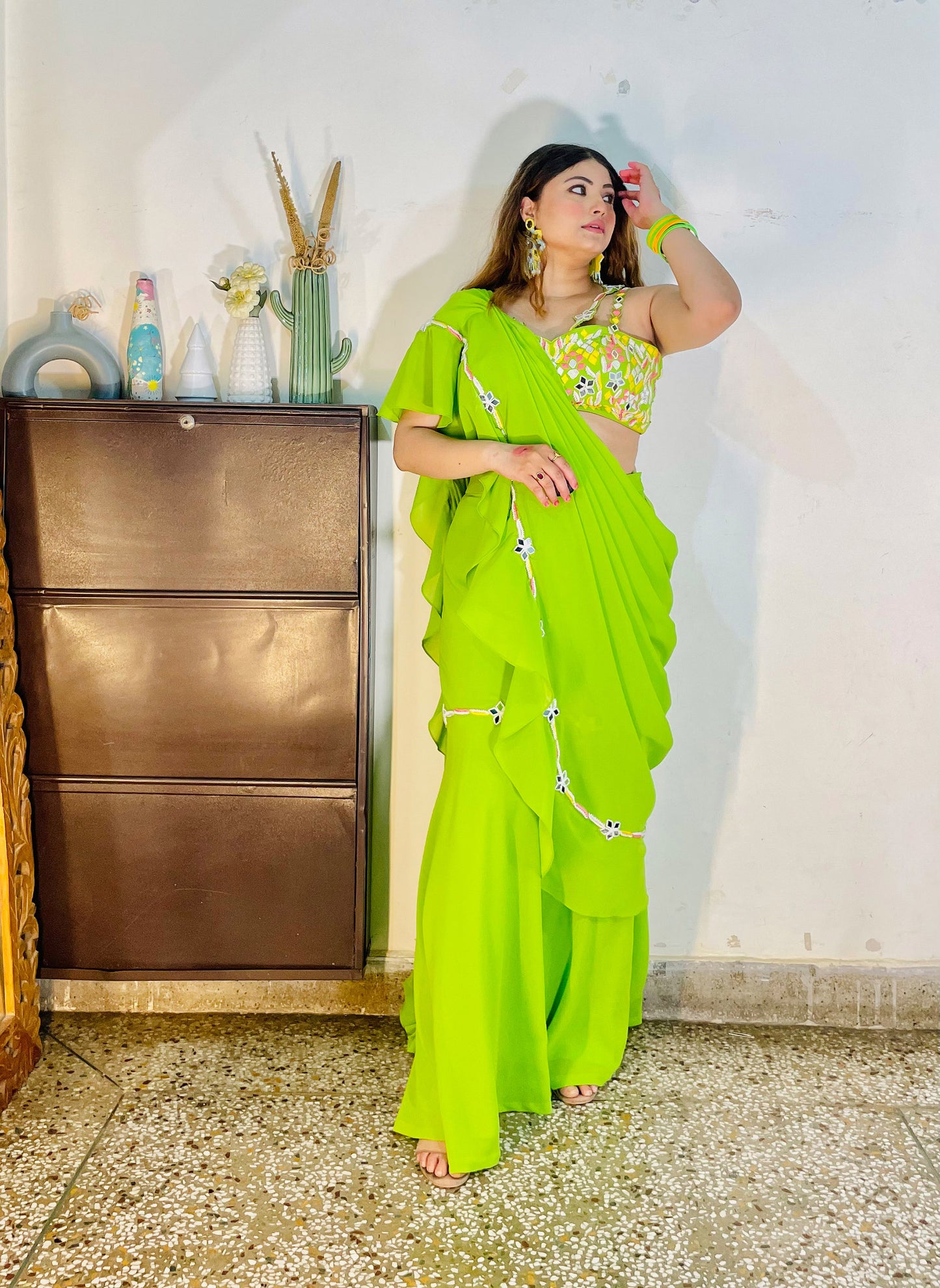 Yellow Green Georgette Mehendi Gharara Set