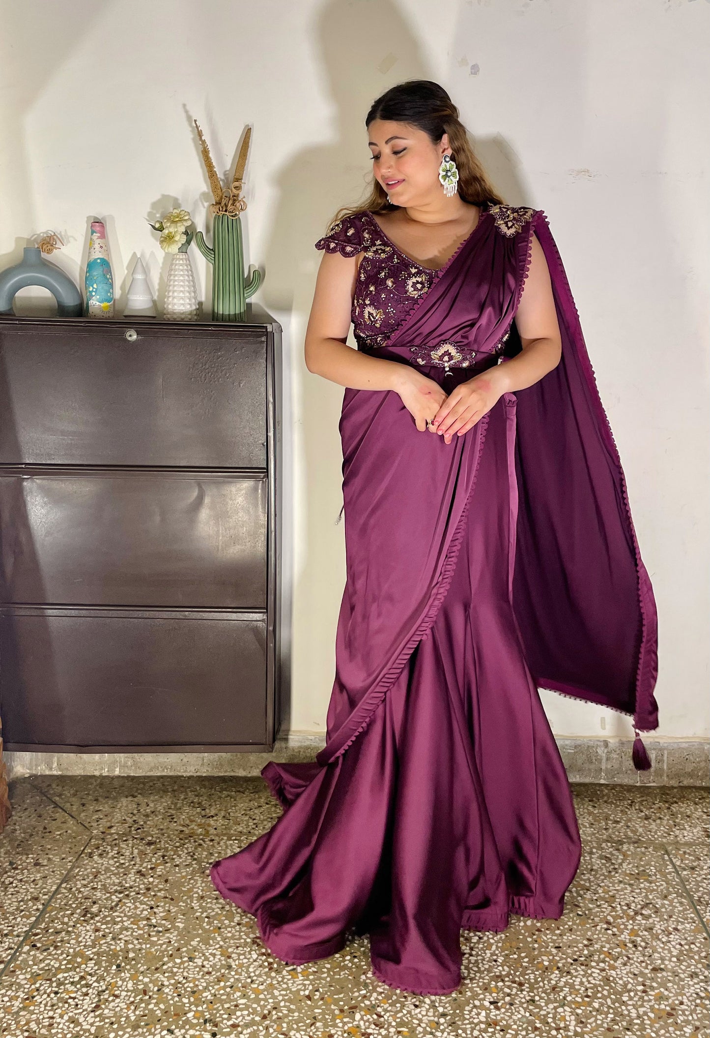 Wine French Satin hand embroidered Cocktail Lehenga saree