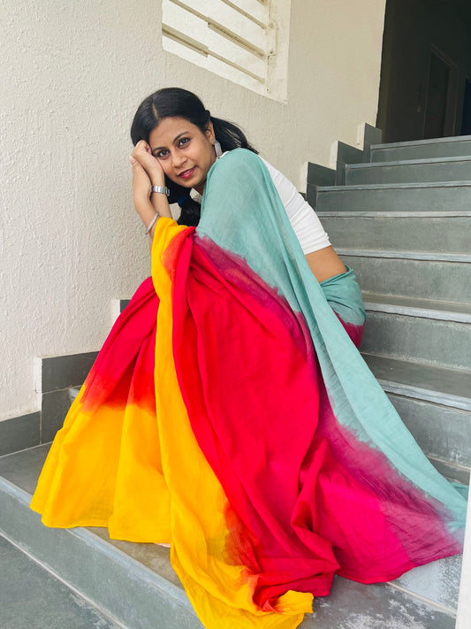 Summer Vacation Collection - Ice Gola- Multi Handblock Print Natural Dyed - Mulmul Cotton Saree