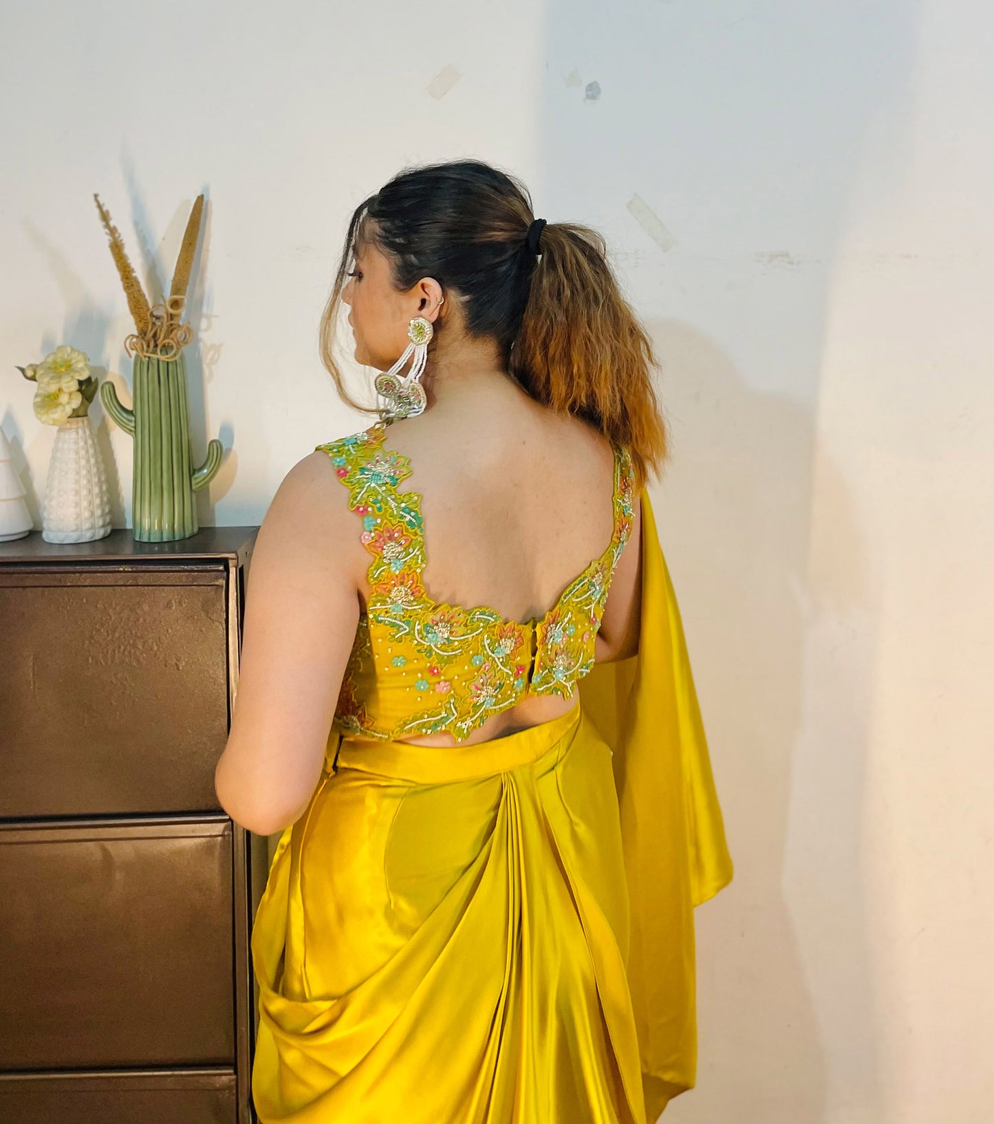 Yellow Satin Haldi Drape Dhoti