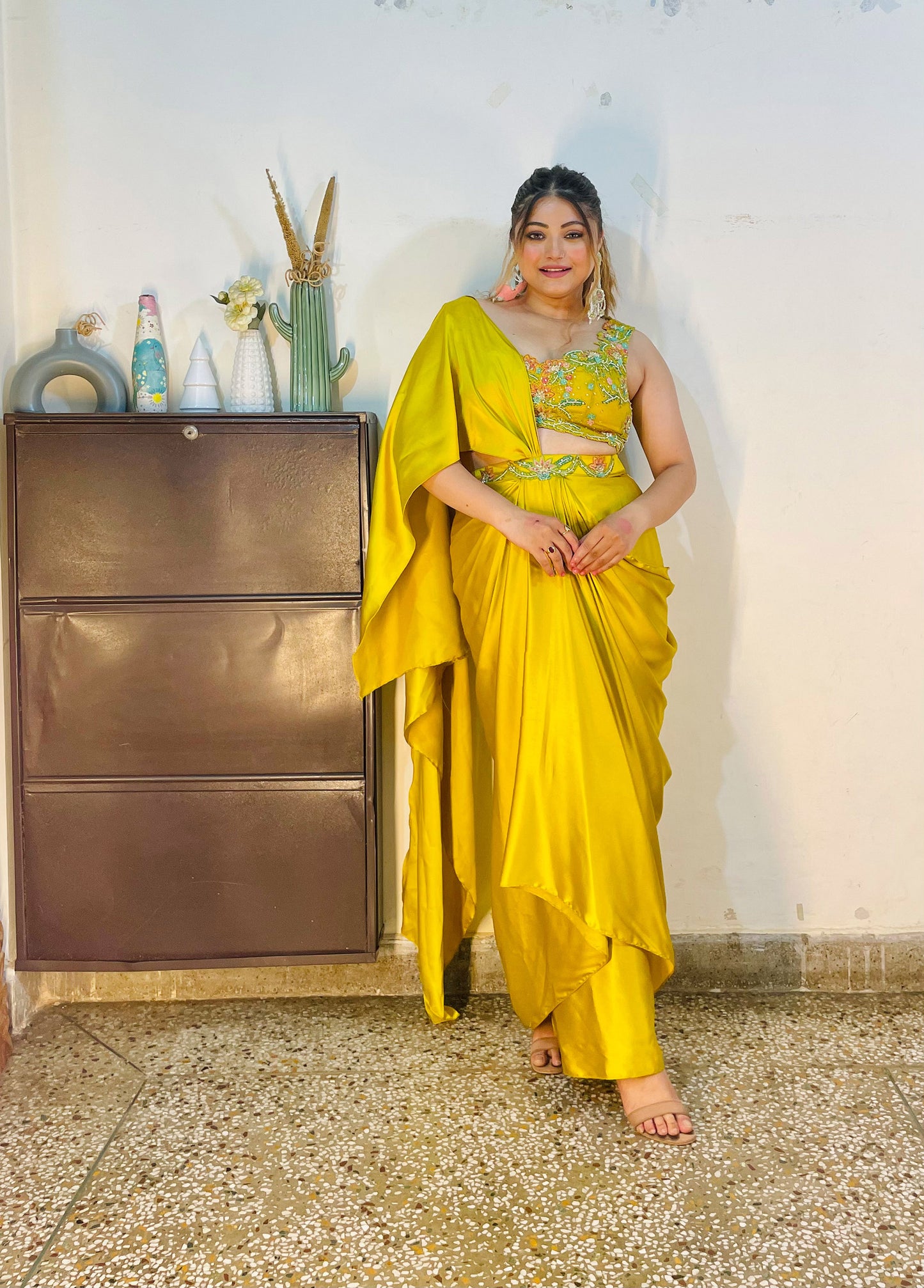 Yellow Satin Haldi Drape Dhoti