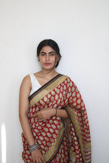 Roshni - Red Bagru Natural Dyes Handblock Printed - Chanderi Silk Saree