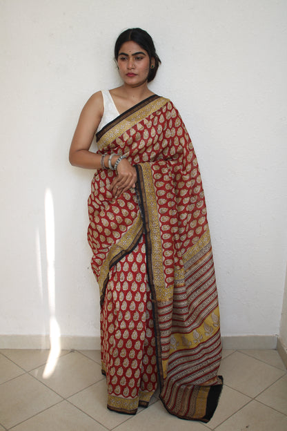 Roshni - Red Bagru Natural Dyes Handblock Printed - Chanderi Silk Saree