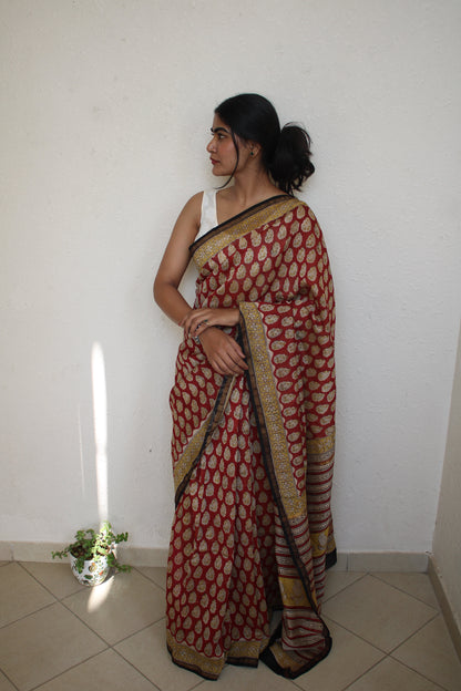 Roshni - Red Bagru Natural Dyes Handblock Printed - Chanderi Silk Saree