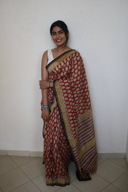 Roshni - Red Bagru Natural Dyes Handblock Printed - Chanderi Silk Saree