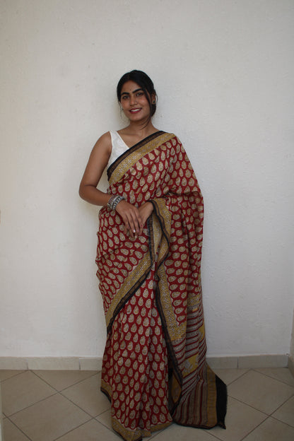 Roshni - Red Bagru Natural Dyes Handblock Printed - Chanderi Silk Saree