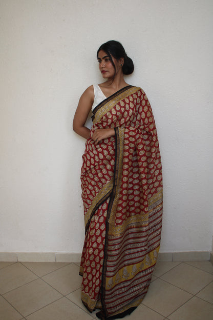 Roshni - Red Bagru Natural Dyes Handblock Printed - Chanderi Silk Saree