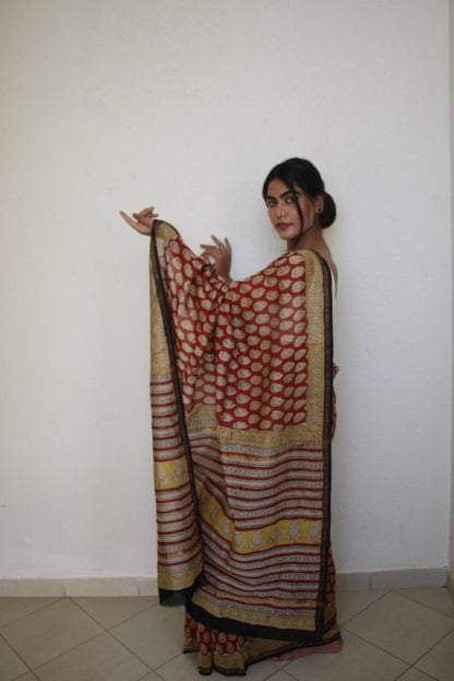 Roshni - Red Bagru Natural Dyes Handblock Printed - Chanderi Silk Saree
