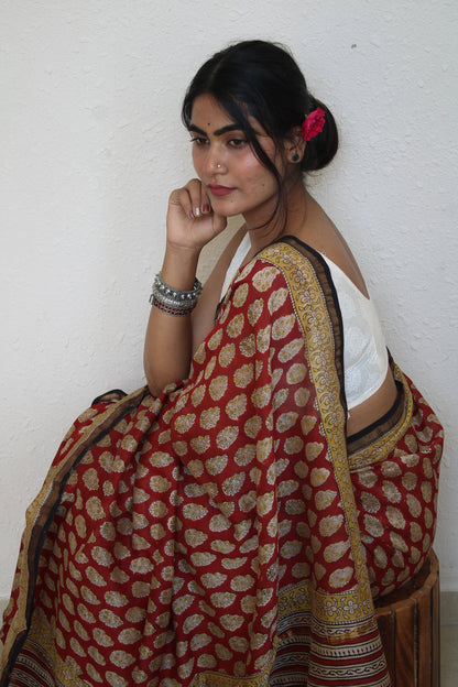 Roshni - Red Bagru Natural Dyes Handblock Printed - Chanderi Silk Saree