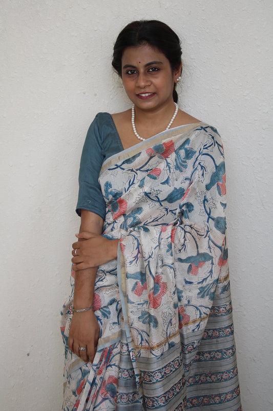 Meghali - White Bagru Natural Dyes Handblock Printed - Chanderi Silk Saree