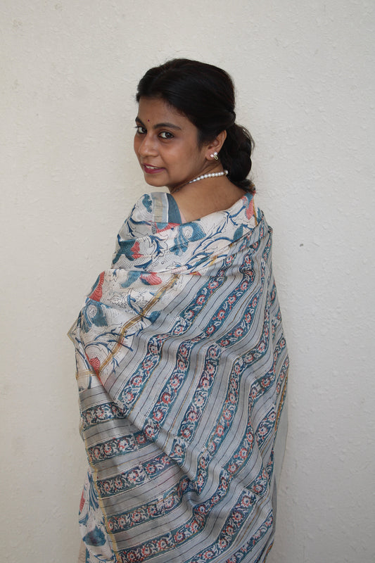 Meghali - White Bagru Natural Dyes Handblock Printed - Chanderi Silk Saree