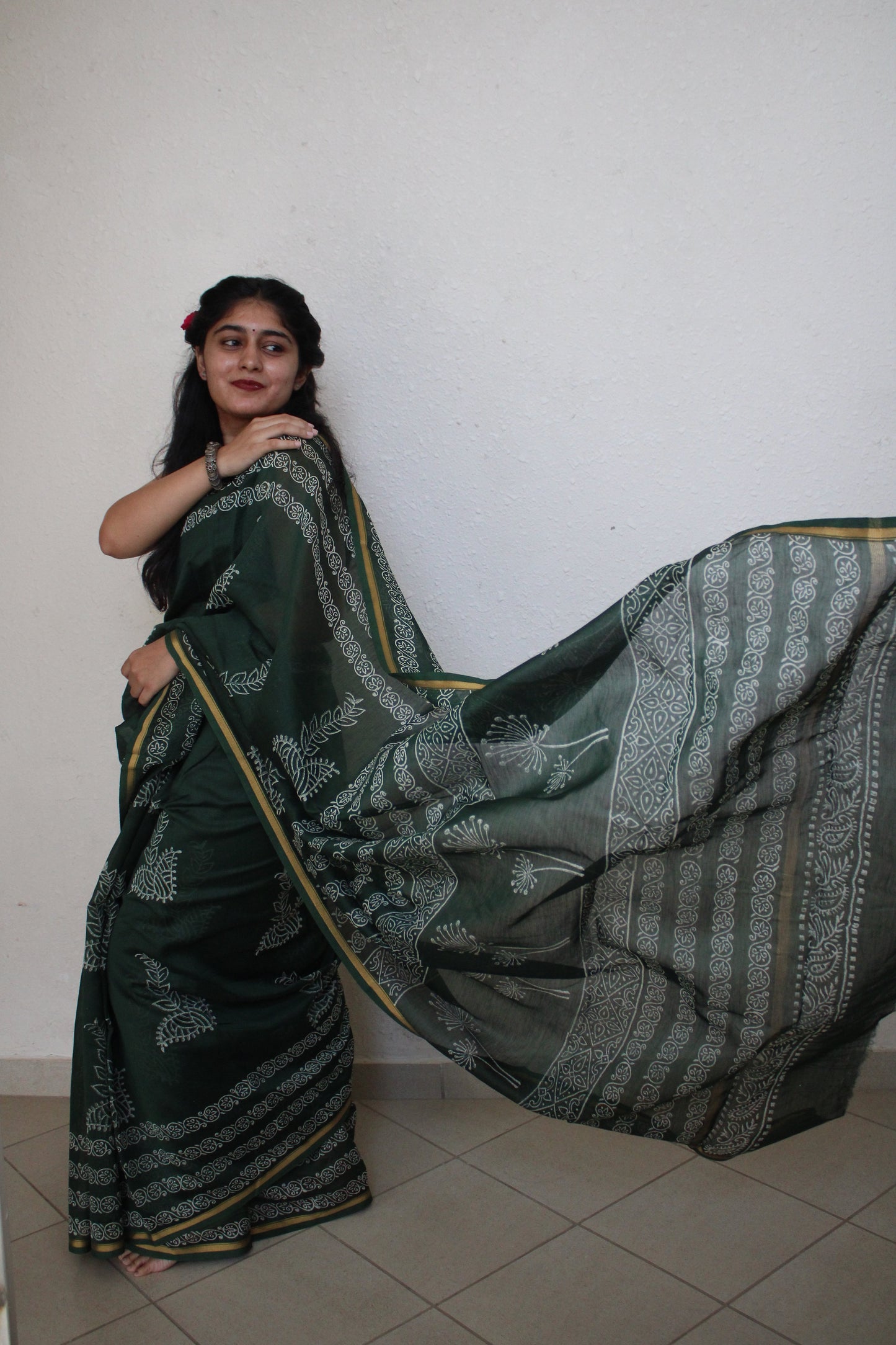 Vaidhai - Bagru Natural Dyes Handblock Printed - Green Chanderi Silk Saree