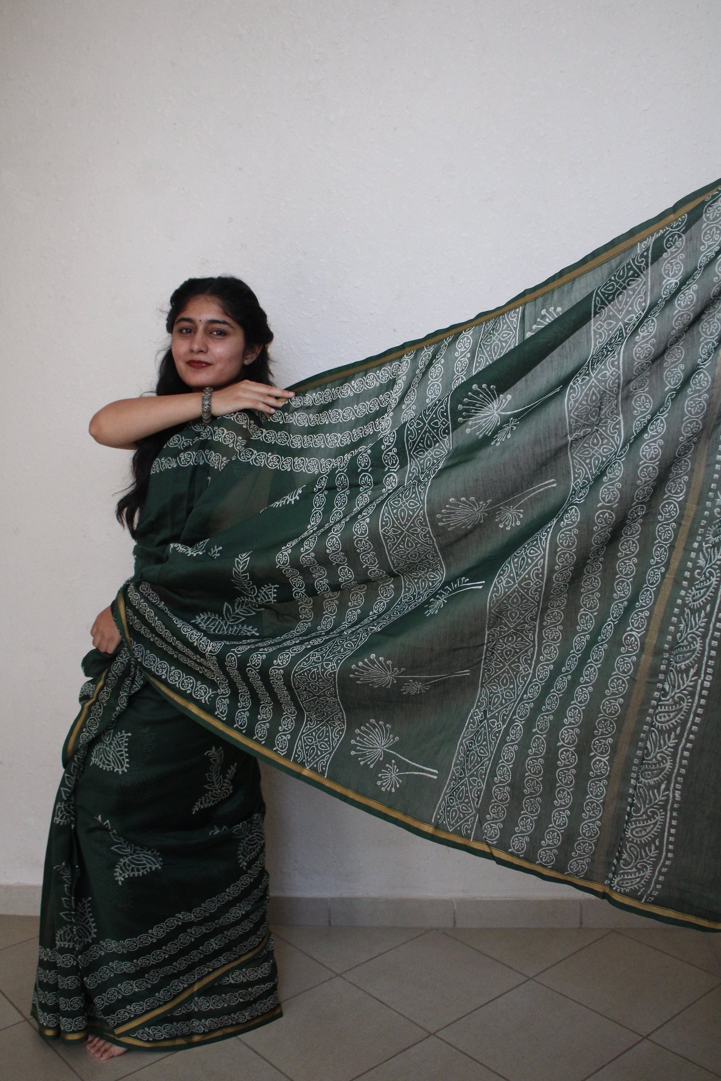 Vaidhai - Bagru Natural Dyes Handblock Printed - Green Chanderi Silk Saree