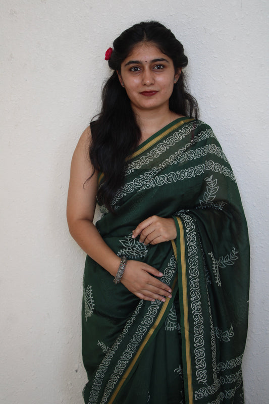 Vaidhai - Bagru Natural Dyes Handblock Printed - Green Chanderi Silk Saree