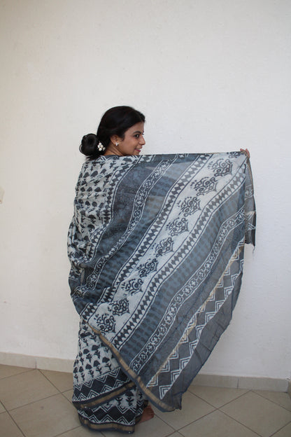 Slaty - Bagru Natural Dyes Handblock Printed - Dark Blue Chanderi Silk Saree