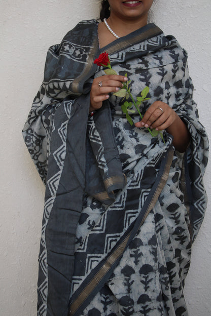 Slaty - Bagru Natural Dyes Handblock Printed - Dark Blue Chanderi Silk Saree