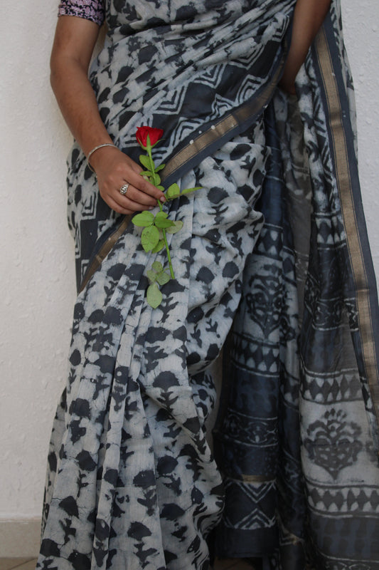 Slaty - Bagru Natural Dyes Handblock Printed - Dark Blue Chanderi Silk Saree