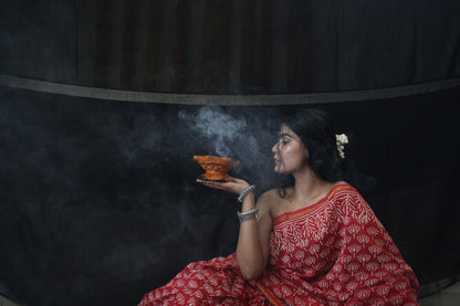 Oindrilla - Bagru Natural Dyes Handblock Printed - Red Chanderi Silk Saree