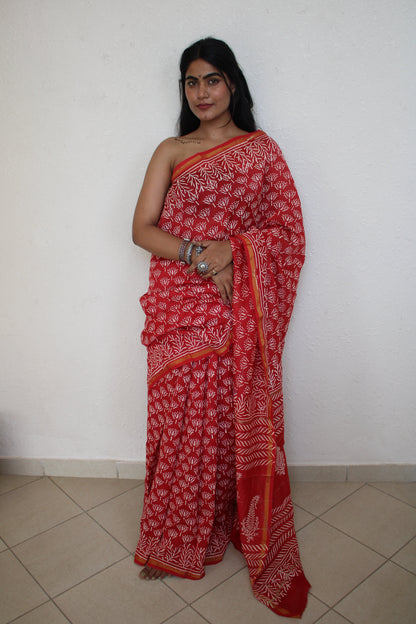 Oindrilla - Bagru Natural Dyes Handblock Printed - Red Chanderi Silk Saree