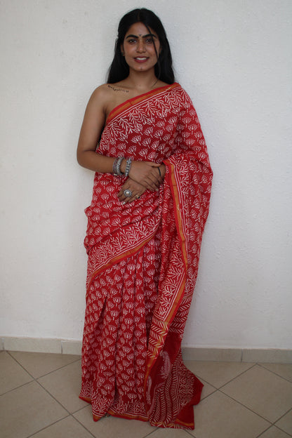 Oindrilla - Bagru Natural Dyes Handblock Printed - Red Chanderi Silk Saree