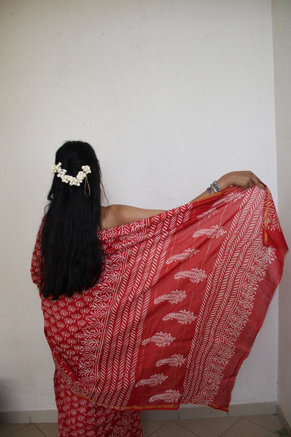 Oindrilla - Bagru Natural Dyes Handblock Printed - Red Chanderi Silk Saree