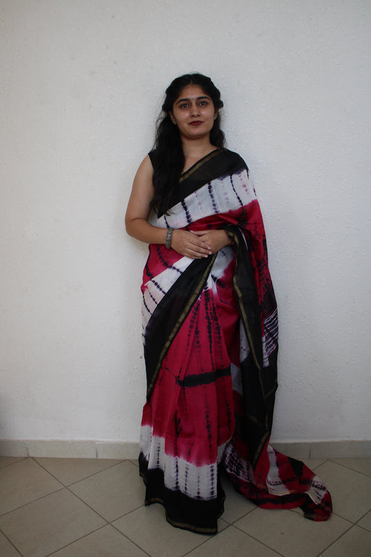 Chaitali - Red and Black Tie and Dye Natural Dyes  - Chanderi Silk Saree