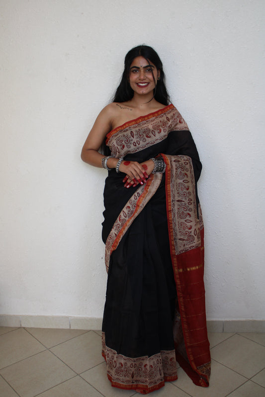 Umrao - Bagru Natural Dyes Handblock Printed - Black Chanderi Silk Saree