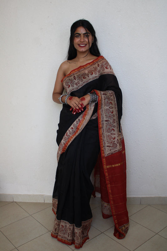 Umrao - Bagru Natural Dyes Handblock Printed - Black Chanderi Silk Saree