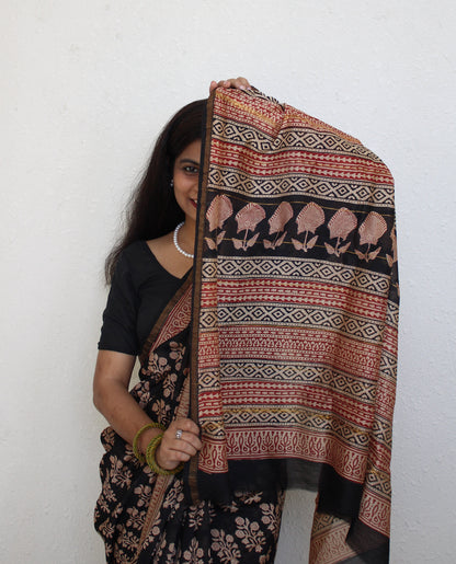 Ambika - Black Bagru Natural Dyes Handblock Printed - Chanderi Silk Saree