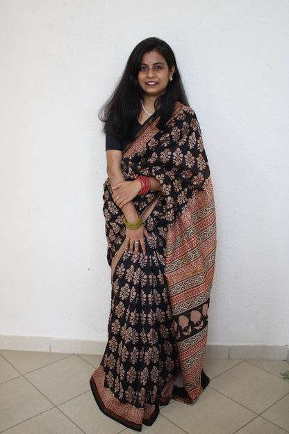 Ambika - Black Bagru Natural Dyes Handblock Printed - Chanderi Silk Saree
