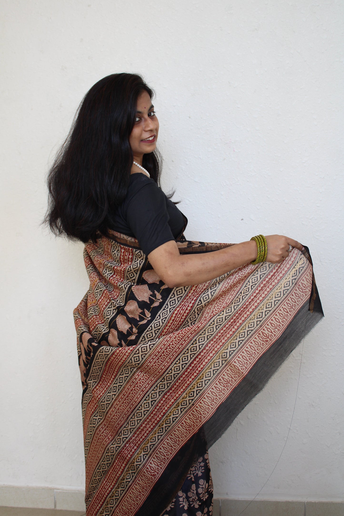 Ambika - Black Bagru Natural Dyes Handblock Printed - Chanderi Silk Saree