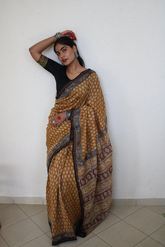 Lasya - Bagru Natural Dyes Handblock Printed - MustardChanderi Silk Saree