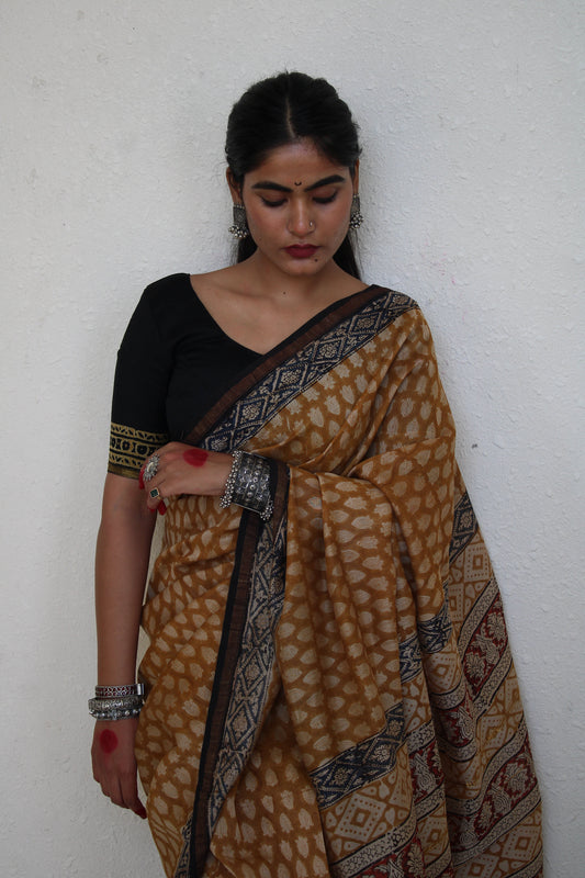 Lasya - Bagru Natural Dyes Handblock Printed - MustardChanderi Silk Saree