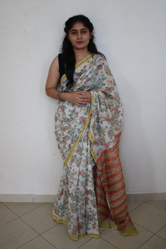 Gauri- White Bagru Natural Dyes Handblock Printed - Chanderi Silk Saree