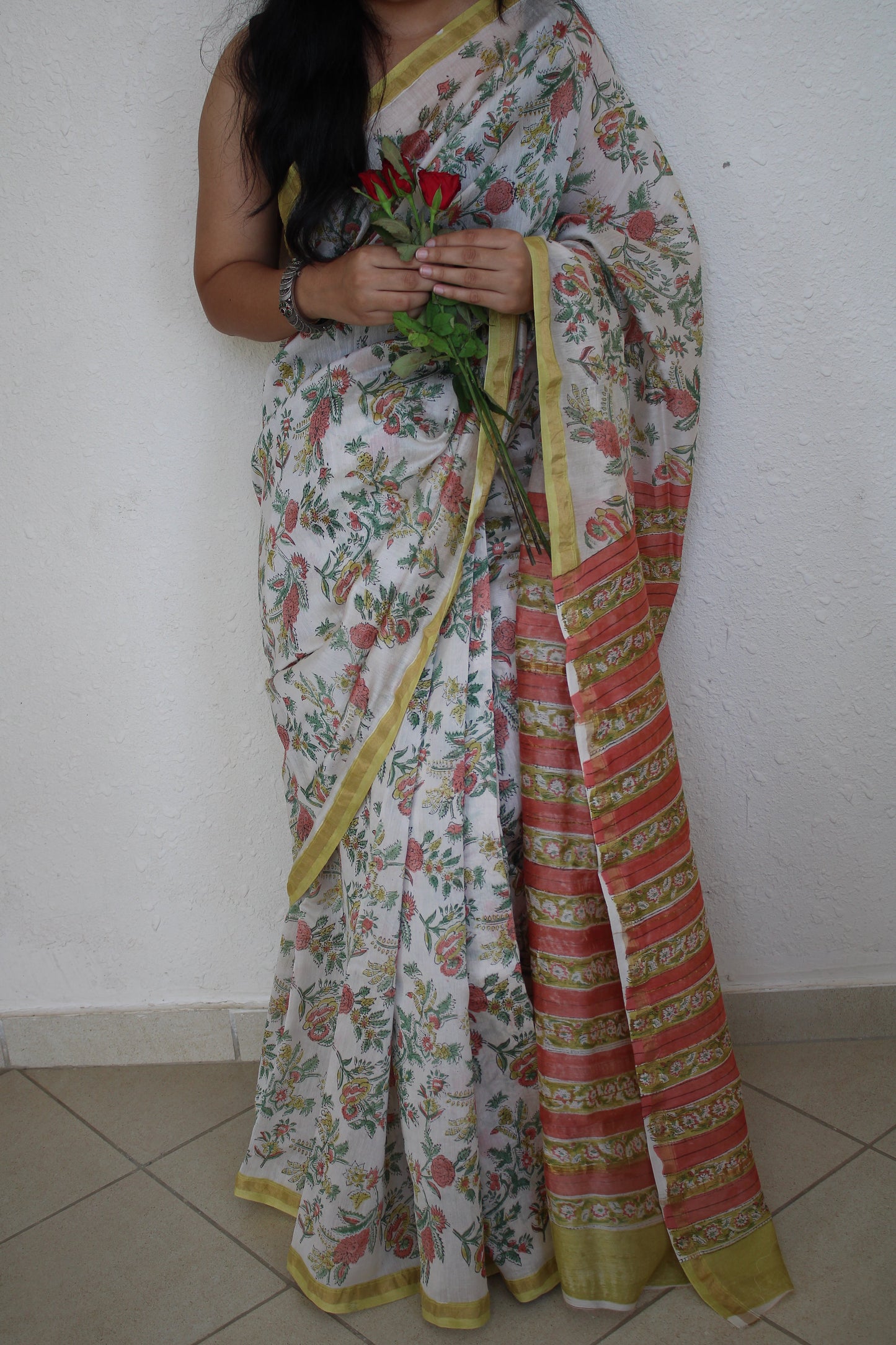 Gauri- White Bagru Natural Dyes Handblock Printed - Chanderi Silk Saree
