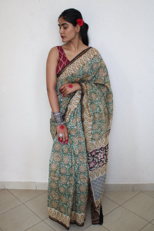Aiotrima- Green Bagru Natural Dyes Handblock Printed - Chanderi Silk Saree