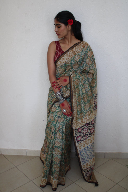 Aiotrima- Green Bagru Natural Dyes Handblock Printed - Chanderi Silk Saree