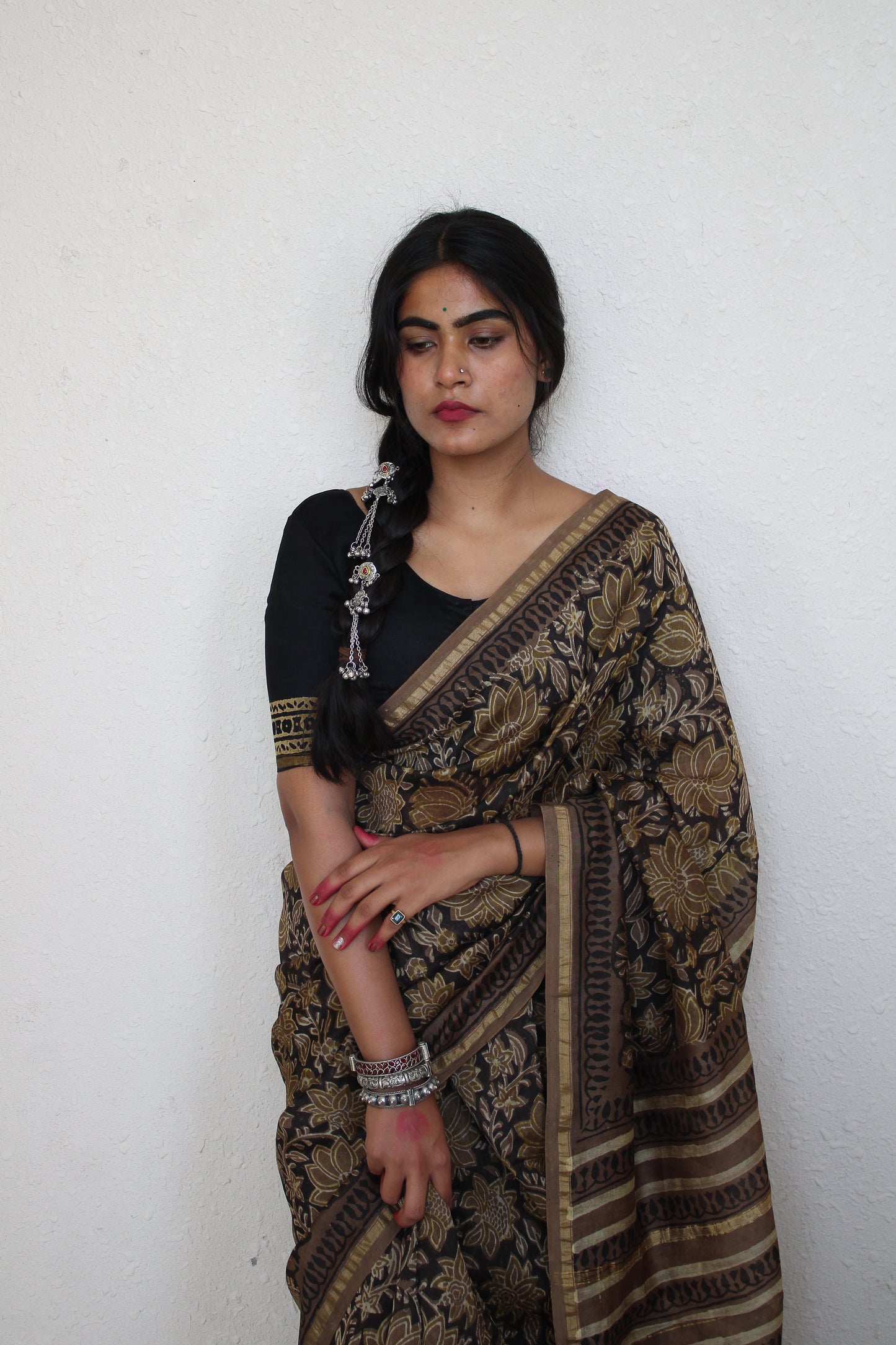 Amya- Black Bagru Natural Dyes Handblock Printed - Chanderi Silk Saree