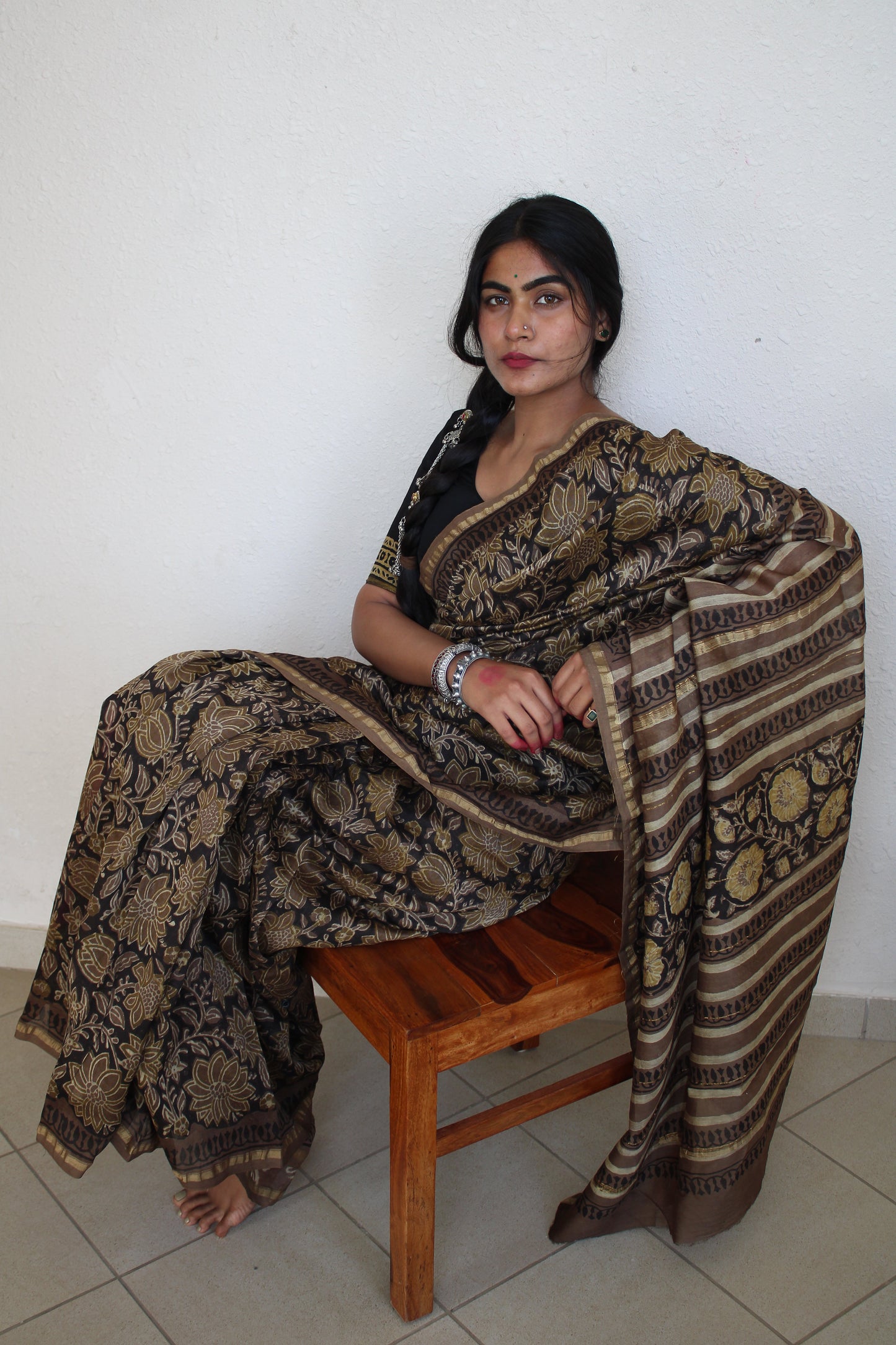 Amya- Black Bagru Natural Dyes Handblock Printed - Chanderi Silk Saree