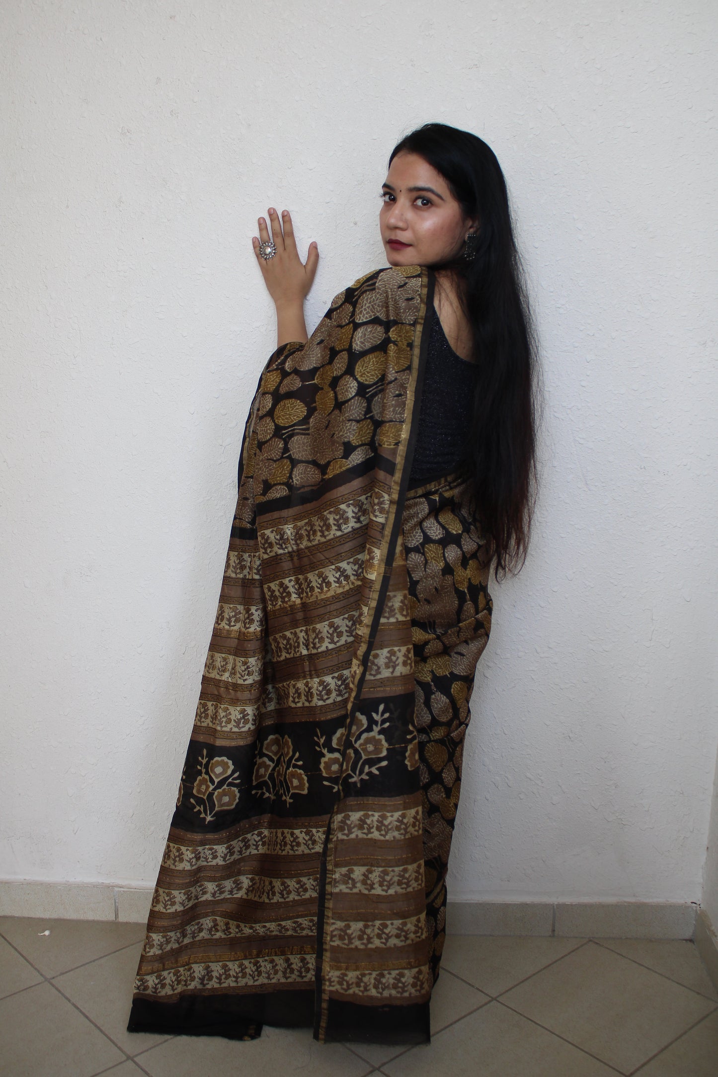 Mantasha - Black Ajharkh Natural Dyes Handblock Printed - Chanderi Silk Saree