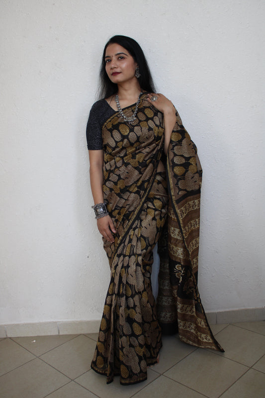Mantasha - Black Ajharkh Natural Dyes Handblock Printed - Chanderi Silk Saree