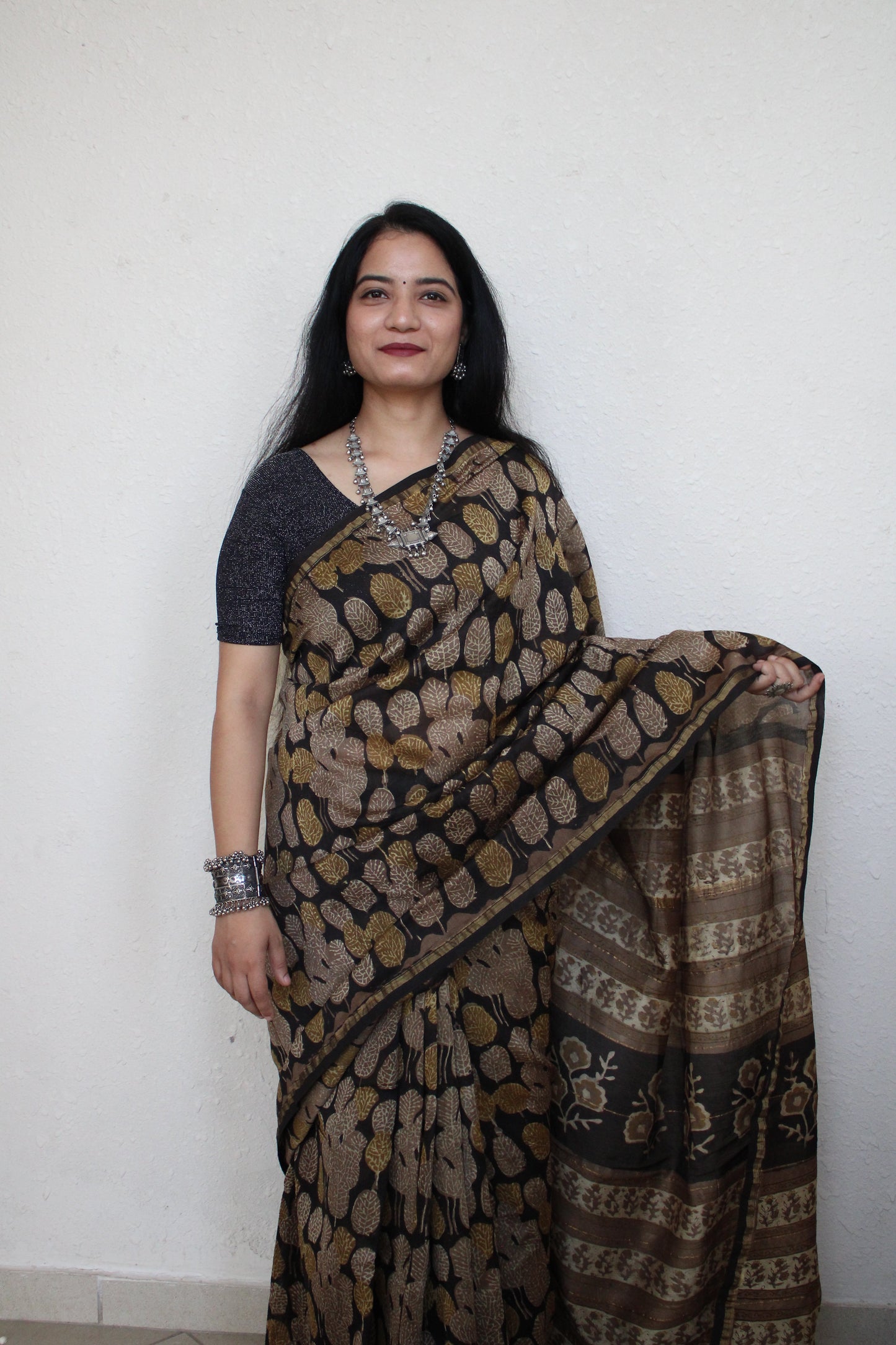 Mantasha - Black Ajharkh Natural Dyes Handblock Printed - Chanderi Silk Saree