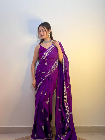 Party Purple - Handblock Print Natural Dyed - Mulmul Cotton Saree
