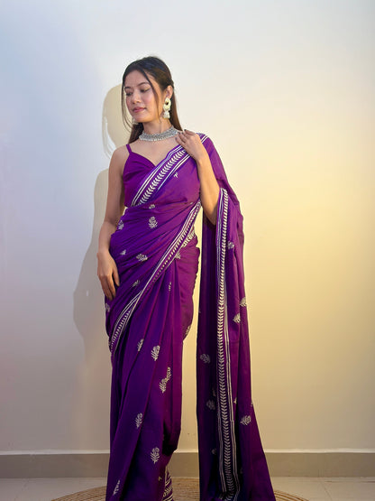 Party Purple - Handblock Print Natural Dyed - Mulmul Cotton Saree